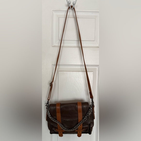A.S.98 Handbags - A.S.98 Brown and Tan Leather Crossbody Bag with Chain Detail